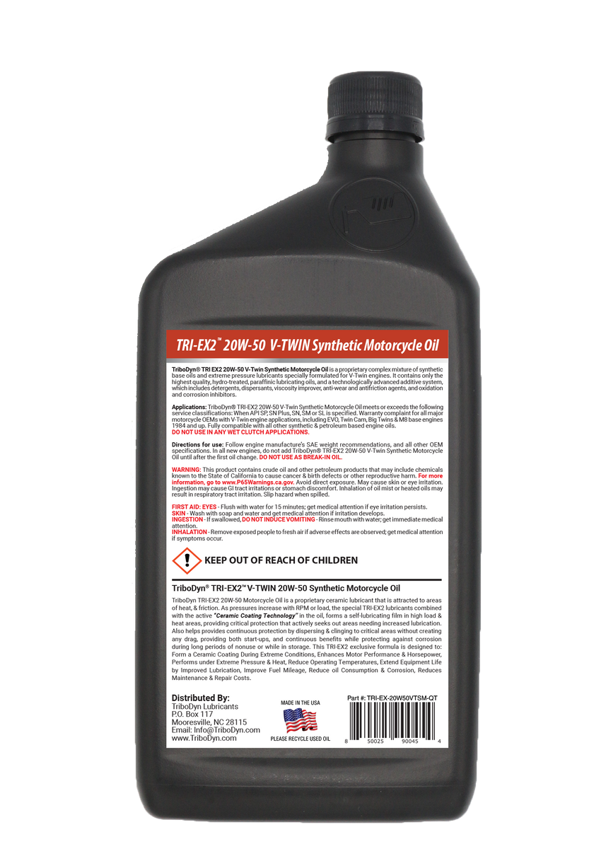 TRI-EX2 20W-50 V-Twin Synthetic Motorcycle Oil – TriboDyn® Lubricants